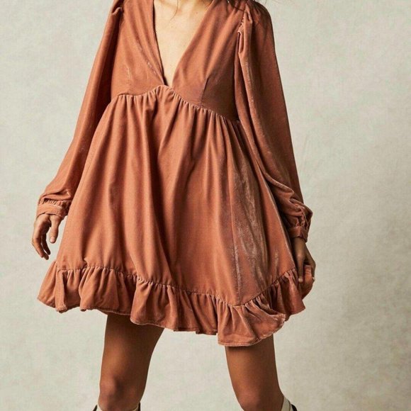 054Free People Dress Estella Babydoll Mini Dress, Pink Petal Velvet Sizes XS & S